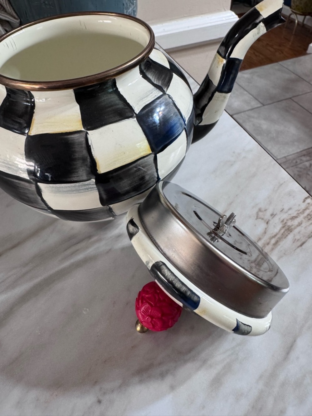 MacKenzie-Childs Black & White Check Teapot with Pink Finial - Picture 4 of 7